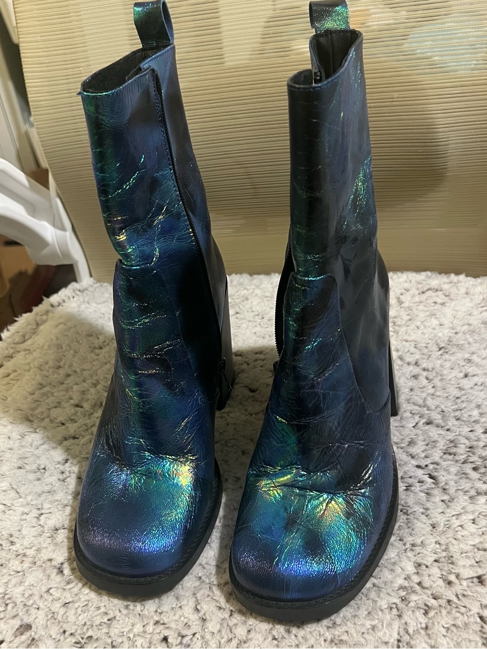 L'INTERVALLE Metallic Blue-Green Ankle Boots with Block Heel - Picture 3 of 7